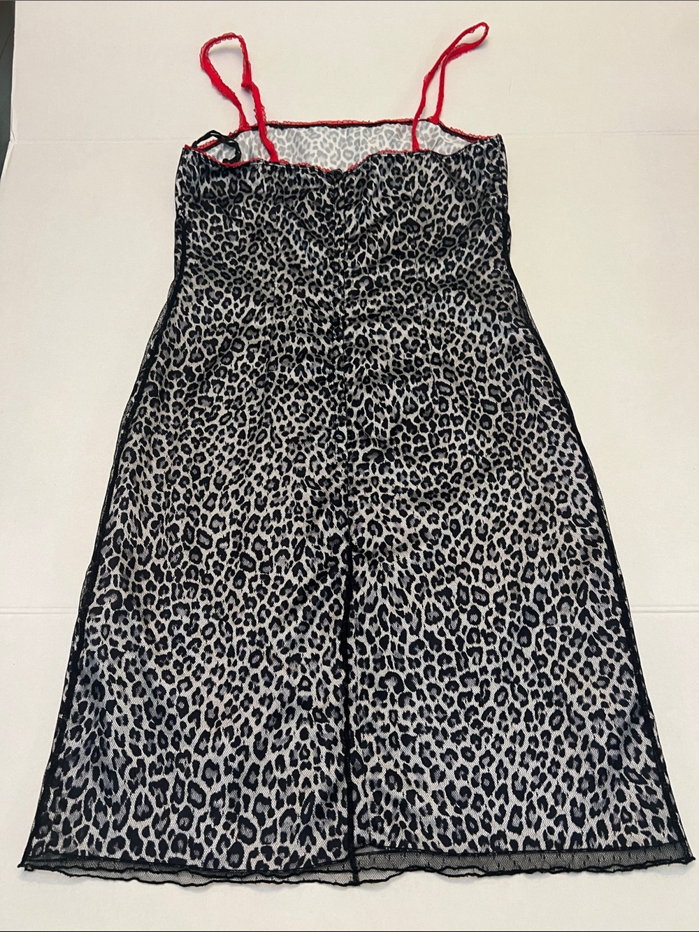 VINTAGE Y2K XOXO LEOPARD PRINT DRESS- MESH OVER SATIN WITH RED LACE STRAPS SMALL - Picture 11 of 15